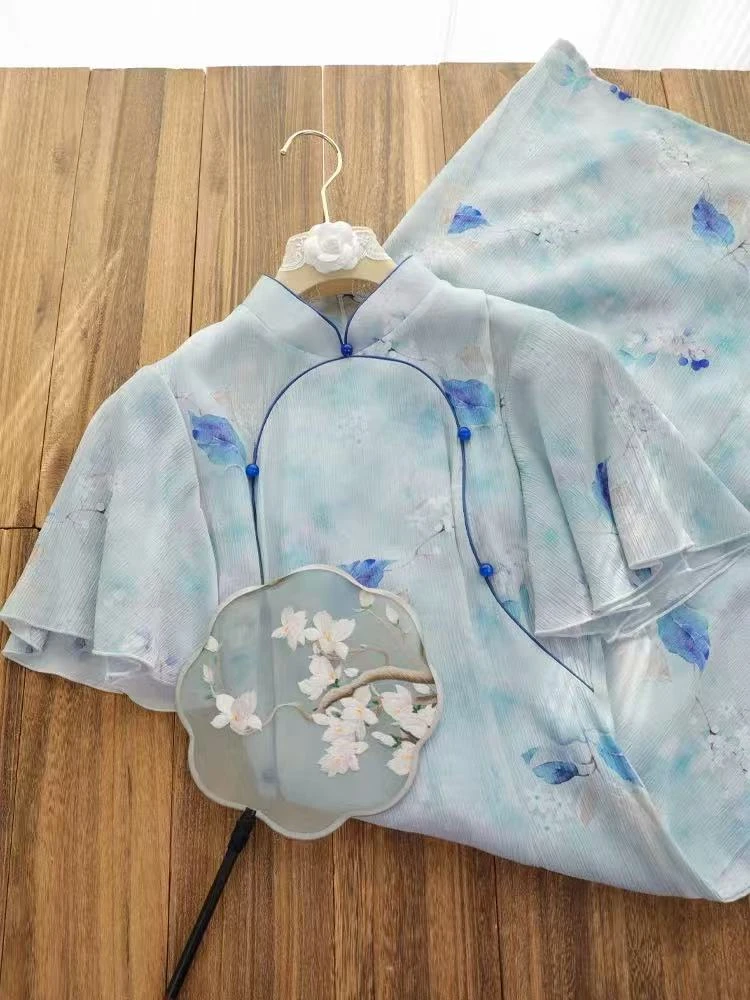 0102 蓝色 圆襟 飞飞袖 【蓝果】前开叉 奥戴 旗袍