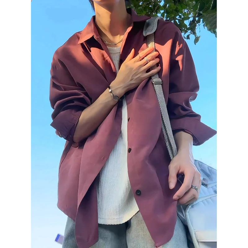 乌梅紫桃皮绒衬衫男早秋舒适感穿搭美式cleanfit长袖宽松情侣外套