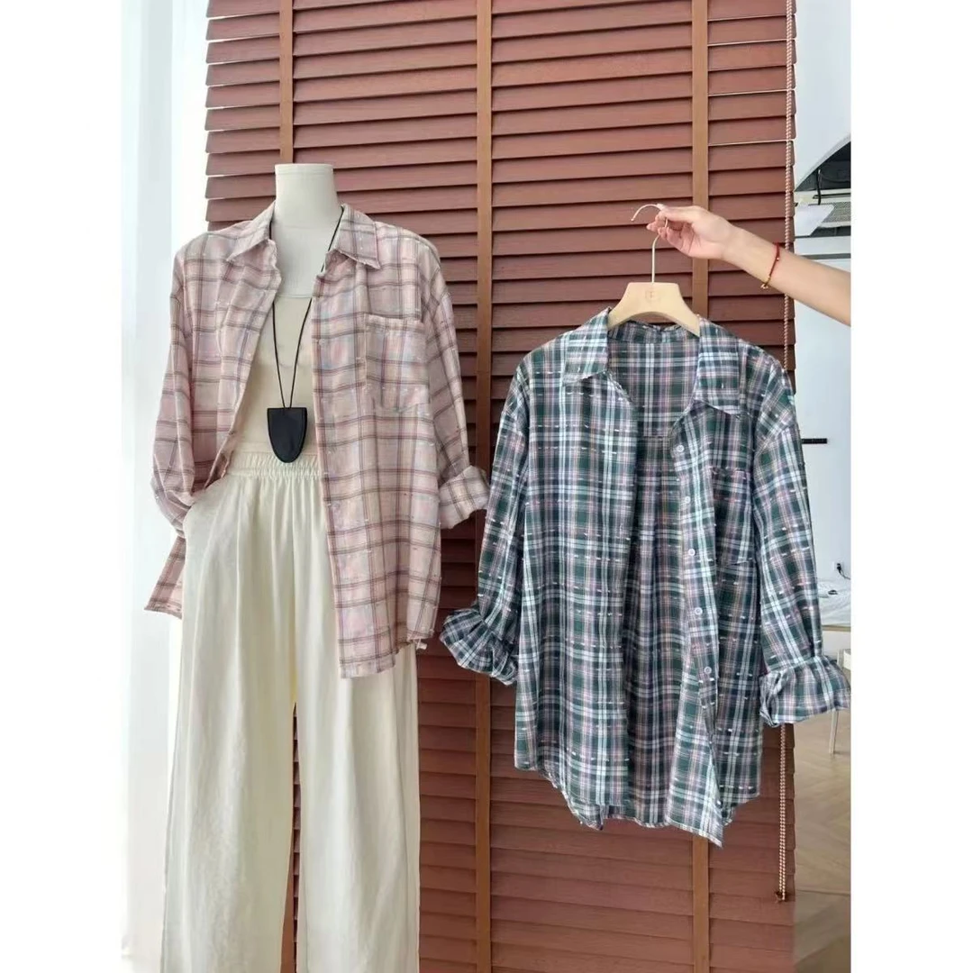 韩系休闲百搭格子衬衫女春季设计感宽松显瘦翻领长袖上衣