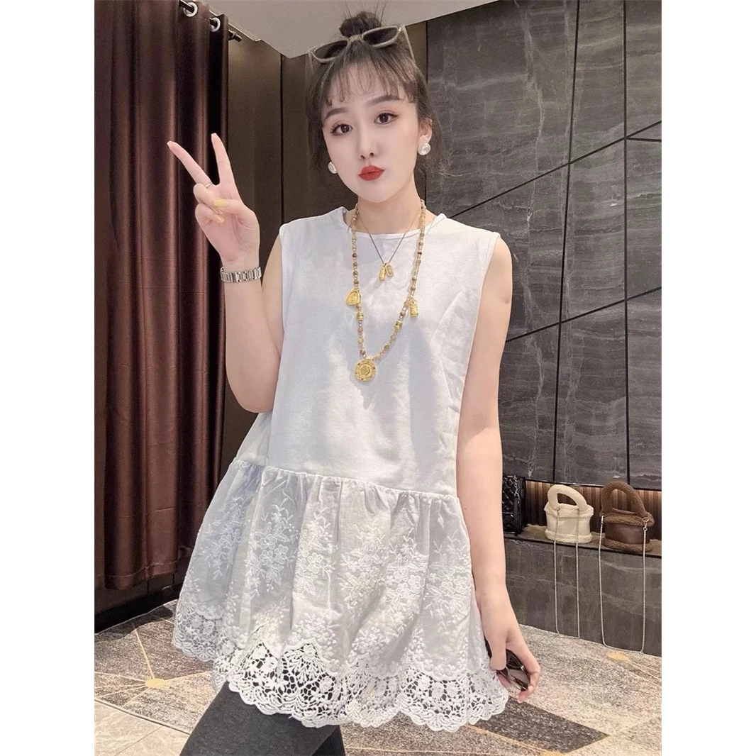 大码蕾丝边下摆叠穿打底衫女2025宽松休闲内搭无袖T恤背心潮通勤