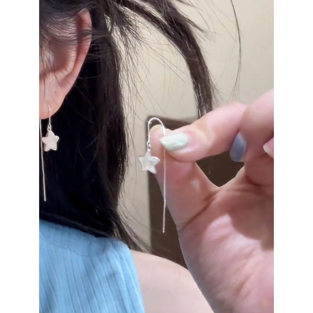 925银耳饰百搭 防过敏锆石星长流苏耳线耳环圆脸苗条的耳环夏季
