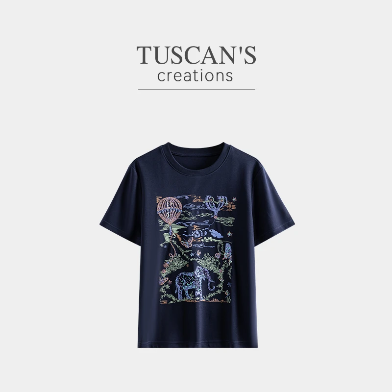 TUSCAN'S CREATIONS新品休闲百搭刺绣圆领宽松女短袖T恤时代集团
