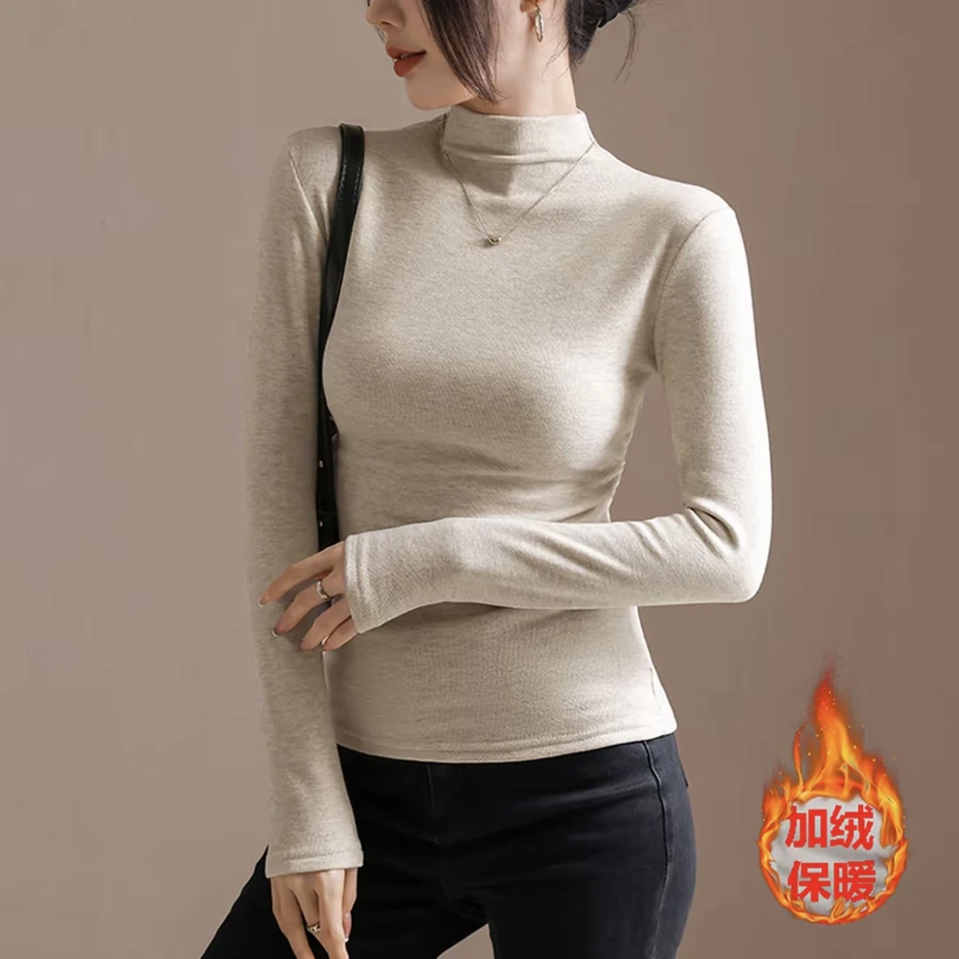 秋冬新款修身显瘦舒适百搭设计感抽褶保暖长袖女内搭半高领打底衫