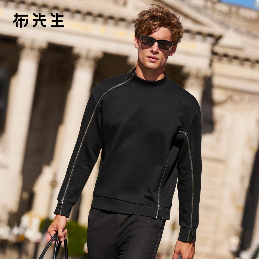 Mr.Bu布先生廓形长袖卫衣不规则设计半高领秋冬休闲男上衣PT16768