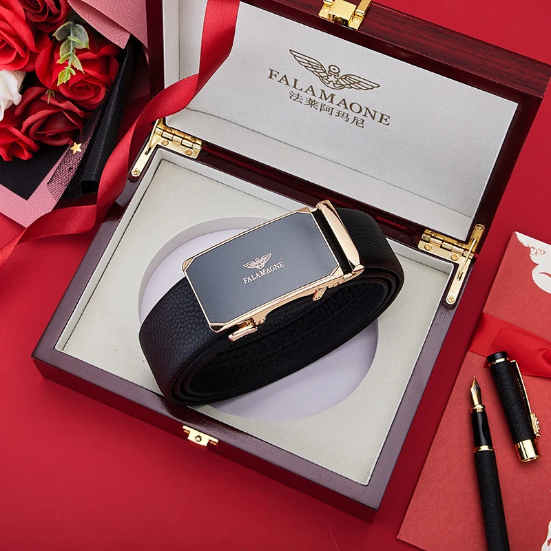 法莱阿玛尼皮带男自动扣时尚款裤腰带光面中青年男商务腰带礼盒装