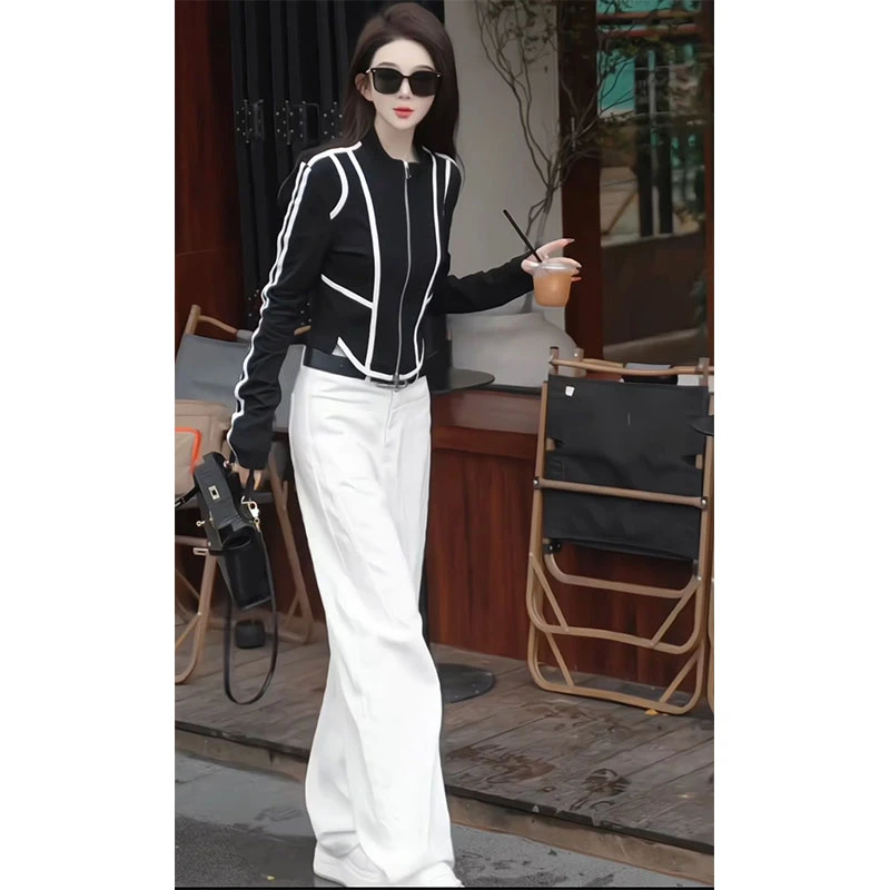 2025春季拼色长袖开衫短外套高腰窄版阔腿裤子工装街头风两件套装