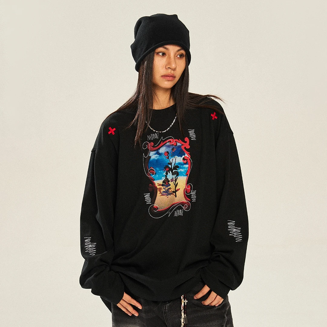 NSTNEW START发芽计划“荒漠鲜花”印花刺绣复古潮牌宽松长袖T恤