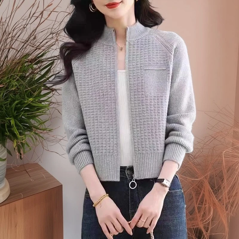 100%纯羊毛羊毛衫小个子立领拉链针织毛衣外套女2025秋冬新款开衫