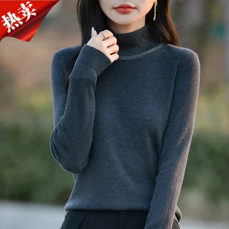 新款正品羊毛半高领修身针织长袖纯色烫钻气质女上衣百搭毛衣显瘦
