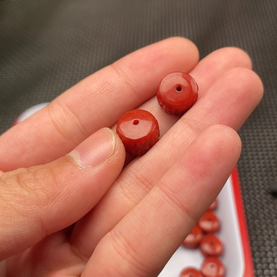 南红玛瑙4号 9*13栀子红回纹算盘珠一组2颗未镶嵌