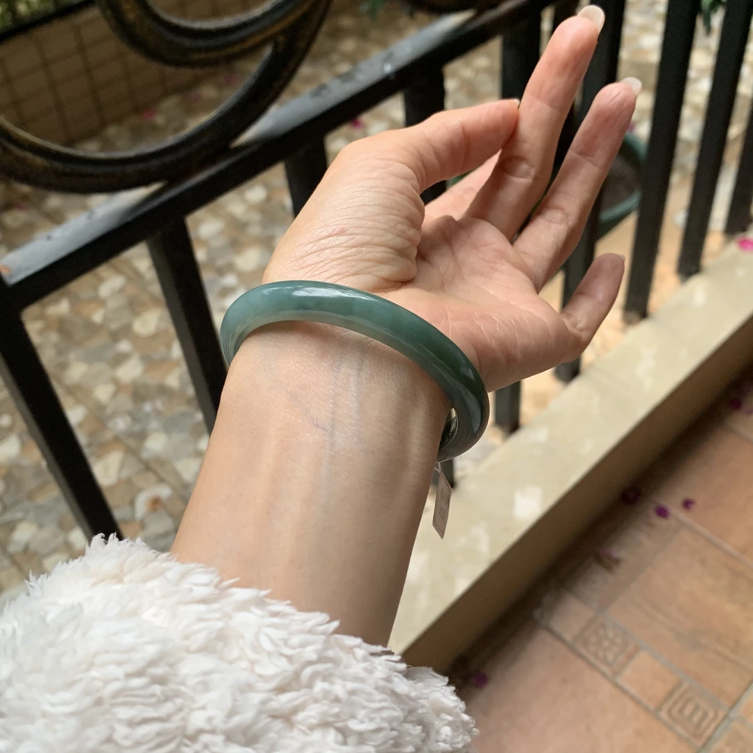 55正圈天然缅甸翡翠A货手镯老油青深蓝飘花深色送长辈好礼无裂