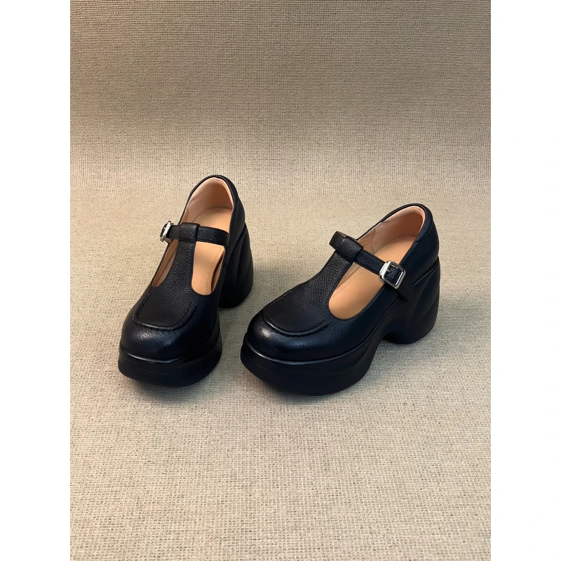 nnmiss·34-39/9cm超高跟小个子简约复古圆头浅口丁字扣带厚底单鞋