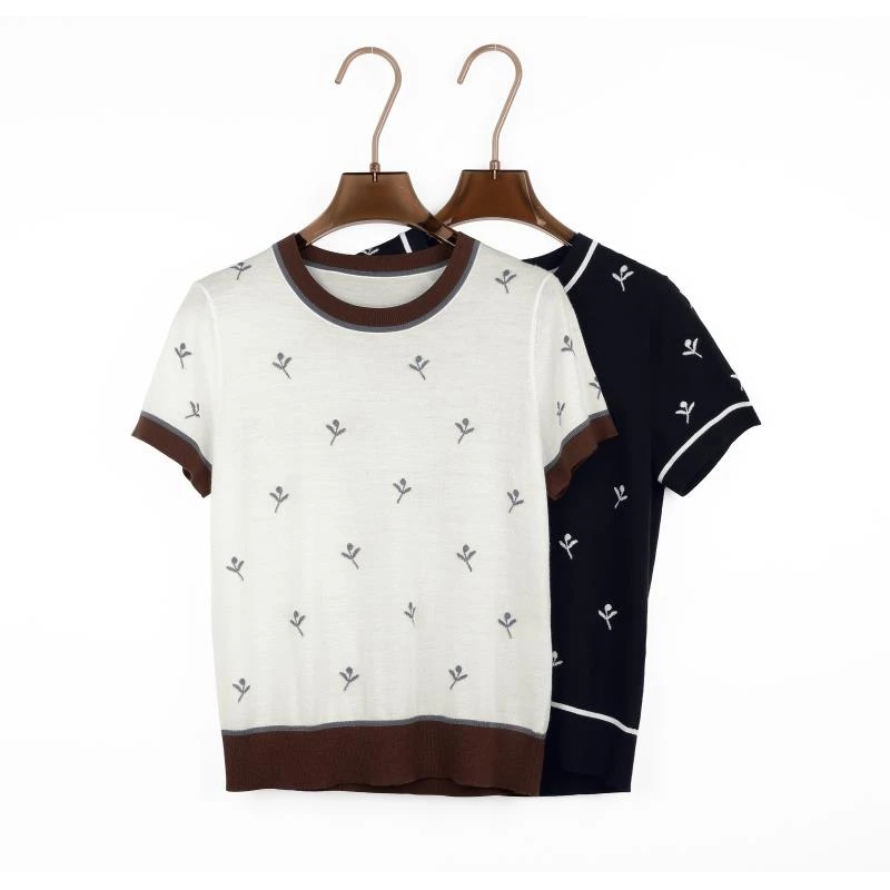 2025时尚宽松短袖套衫百搭显瘦撞色薄款羊毛针织衫