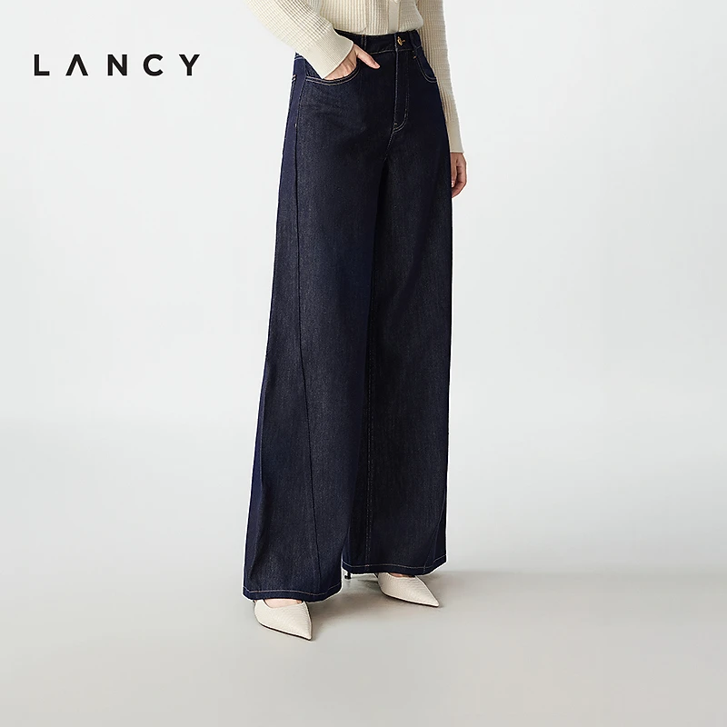 LANCY/朗姿2025冬季新款莱赛尔棉阔腿高腰水洗牛仔裤女秋休闲长裤