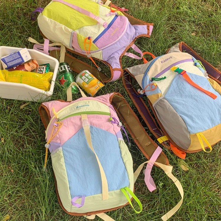 双肩包女小众设计多巴胺拼色大容量背包户外徒步登山包骑行包男