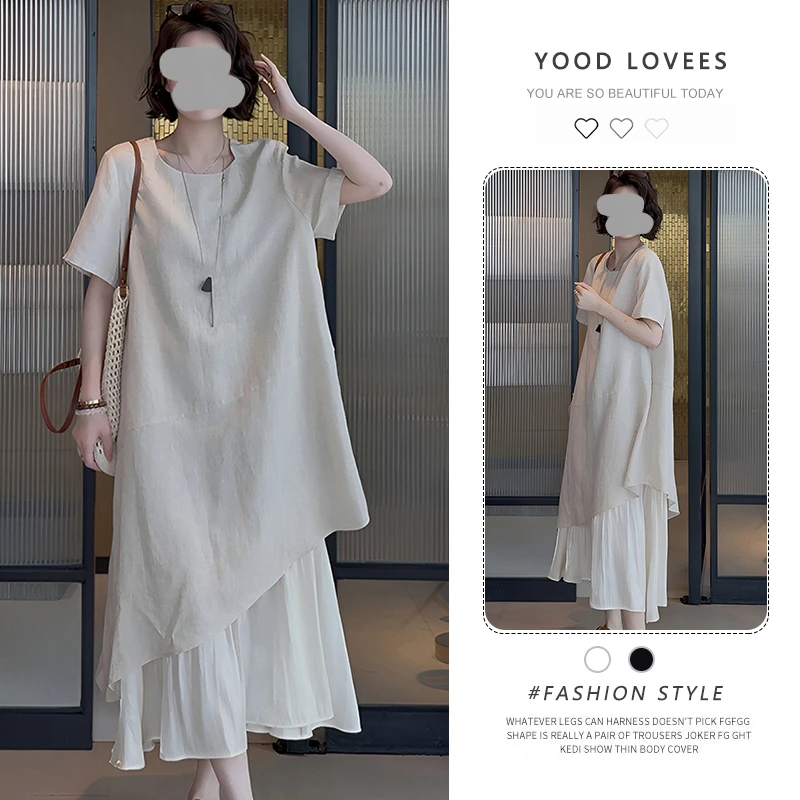 2026夏季新款韩版简约风不规则下摆拼接假两件气质温柔连衣长裙女