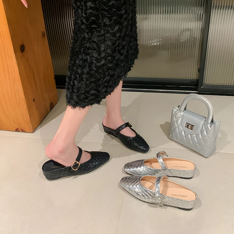 CHORIC KOIAH玛丽珍包头半拖鞋女夏外穿2025新款内增高银色单鞋女
