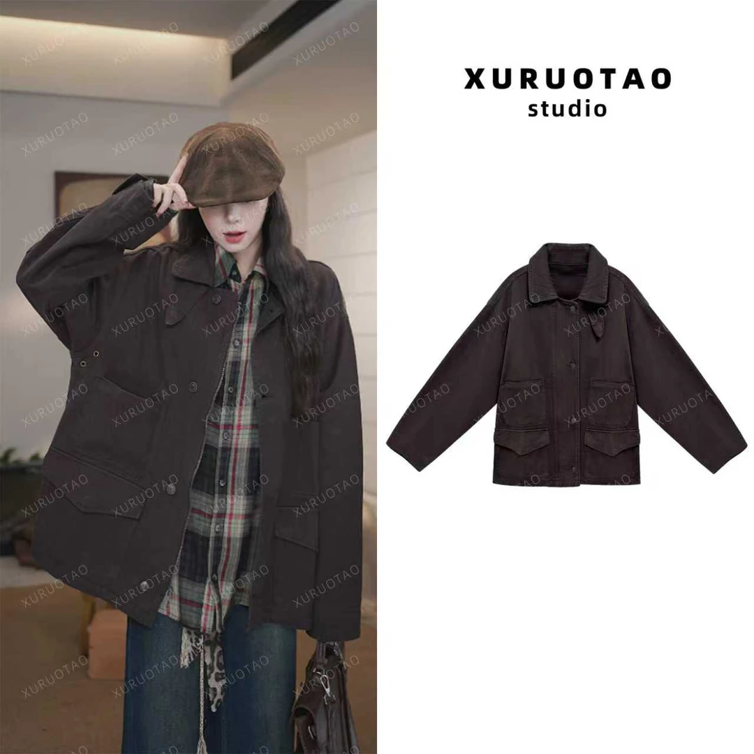 XURUOTAO【伦敦时讯】100棉百搭设计感休闲气质咖色外套 T5533