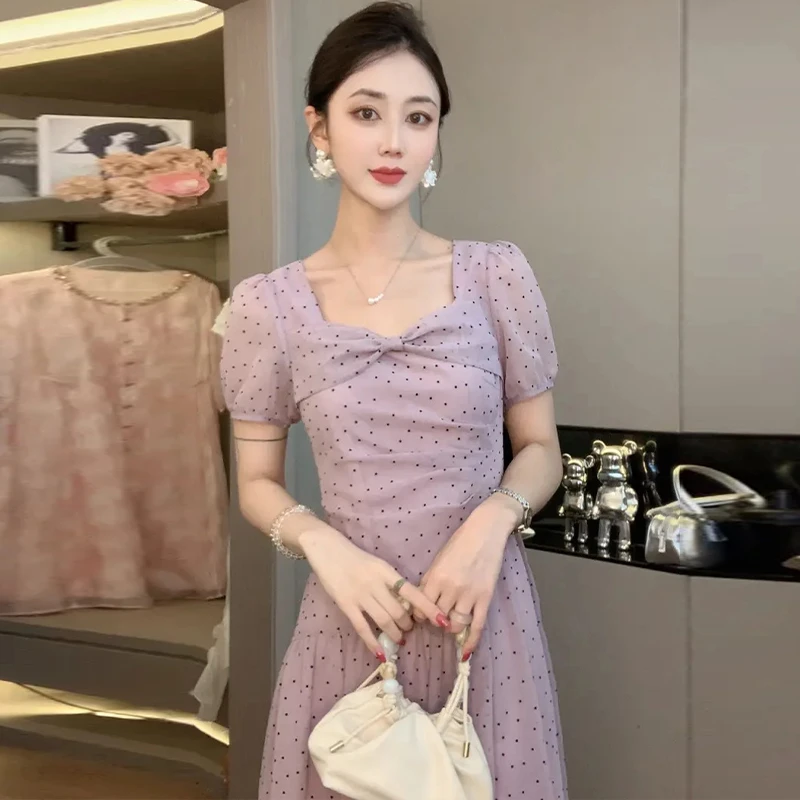 法式高级感波点蝴蝶结连衣裙女2025年夏季新款洋气减龄短袖长裙潮