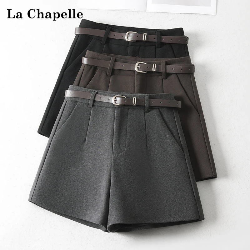 La Chapelle/拉夏贝尔黑色靴裤女装秋冬新款高腰毛呢短裤阔腿裤子