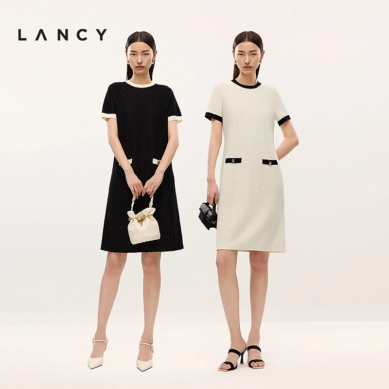 LANCY/朗姿2025夏季新款高级感小香风针织半袖气质直筒显瘦连衣裙