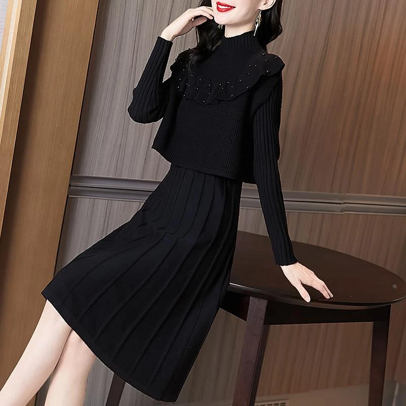 秋冬大方得体穿搭两件套法式荷叶边钉珠针织马甲搭配毛衣洋装