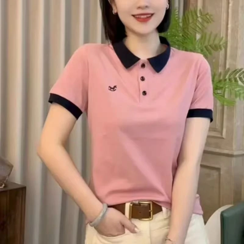 029#夏款新品时尚百搭修身显瘦设计感POLO领女士短袖上衣