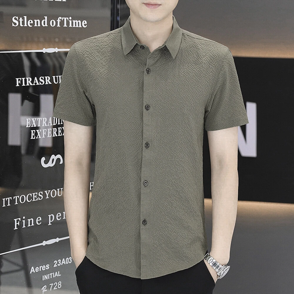 有白夏季轻薄透气通勤短袖衬衫男士新款纯色褶皱休闲男衬衣909