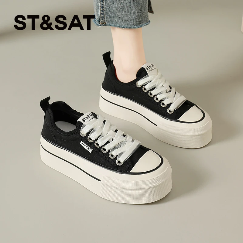 星期六女鞋厚底帆布鞋2025新款夏季透气网鞋小白鞋子增高松糕板鞋