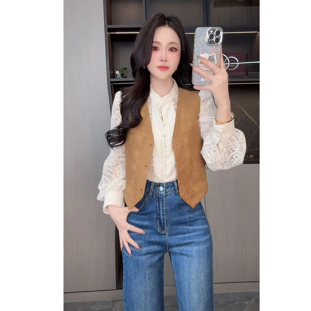 曼曼【可可榛果】百搭气质麂皮绒明线刺绣马甲