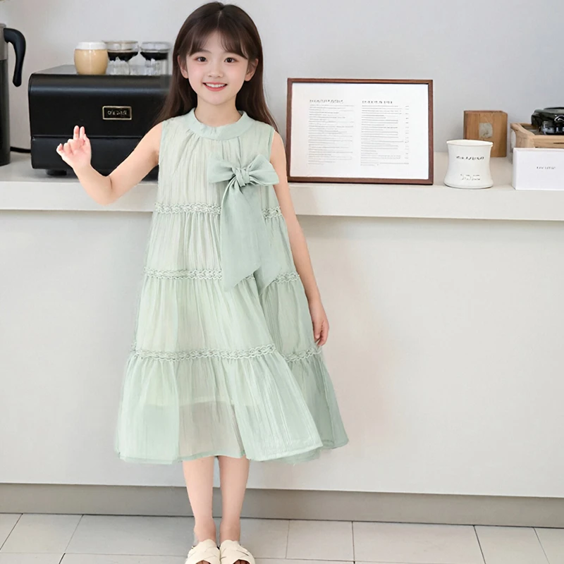 女童连衣裙2025夏季儿童蝴蝶结系带压皱洋气韩版甜美挂脖连衣裙