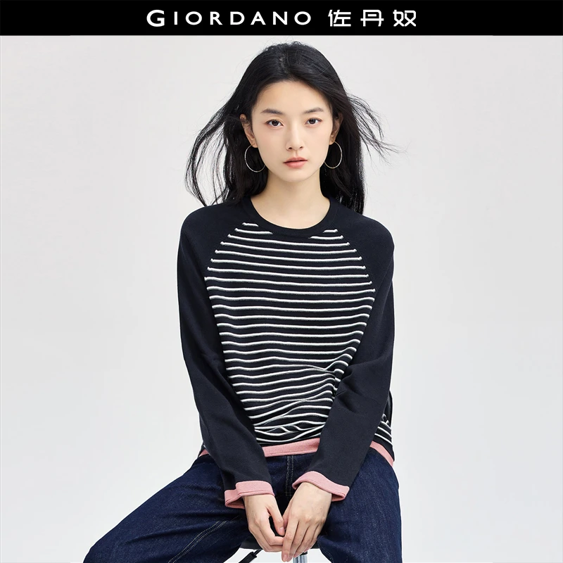 佐丹奴针织衫女装秋季撞色条纹插肩圆领套头长袖针织衫 18354608