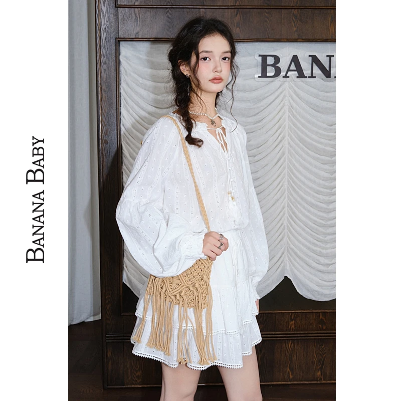 BANANA BABY2025年秋新款度假风纯棉重工刺绣灯笼袖衬衫D2F3CS524