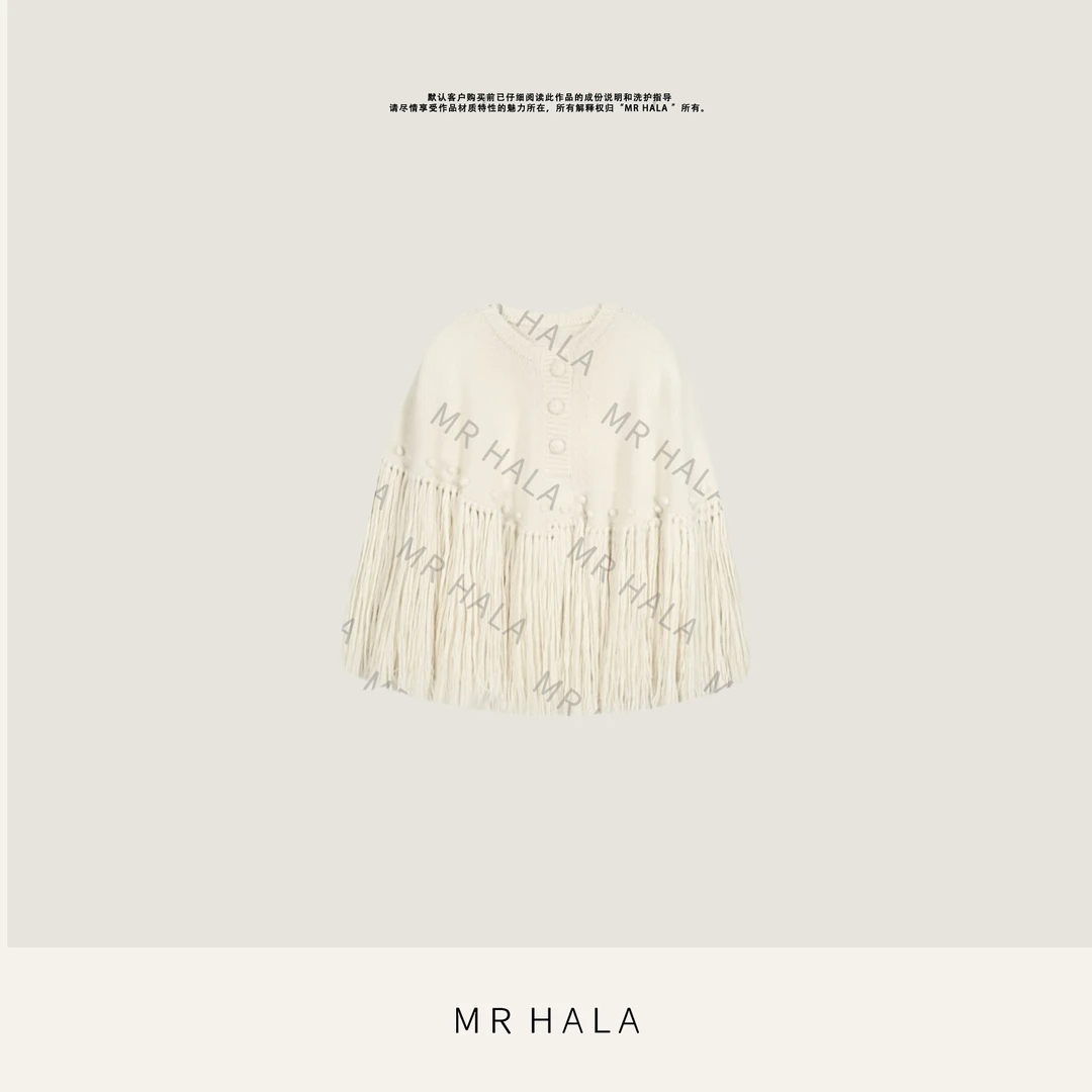 MRHALA手工勾花婴驼毛纽扣流苏斗篷 LM411172