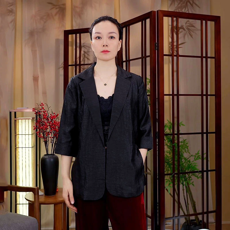 【阿邦香云纱】100%桑蚕丝西装女黑龟老料上衣春秋夏七分袖外套女装