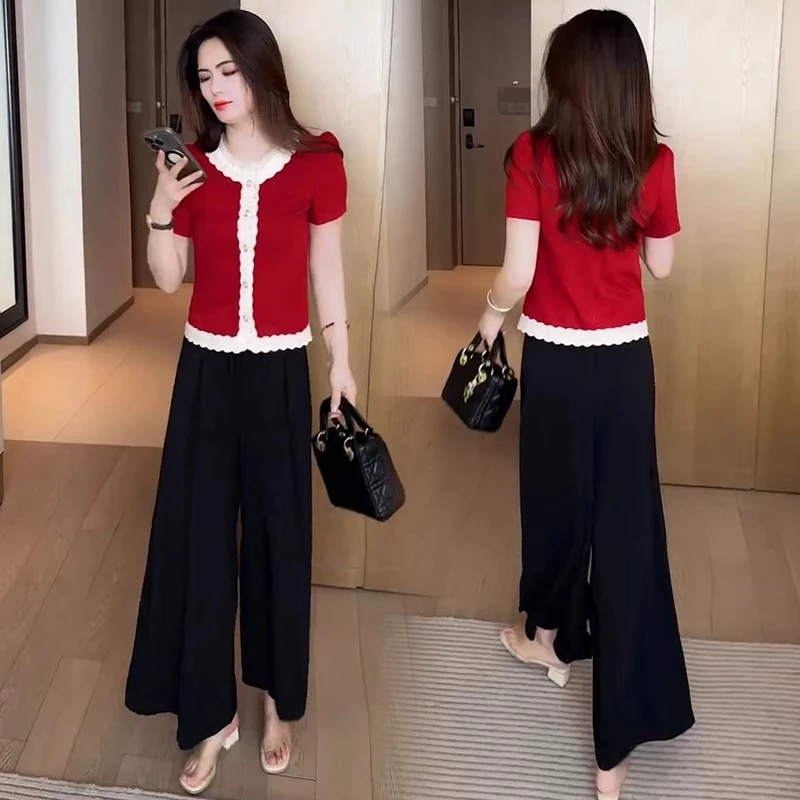 洋气时尚套装女士2025夏季新款蕾丝拼接短袖T恤阔腿裤显瘦两件套