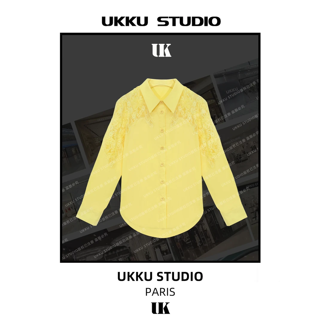 香香【UKKUSTUDIO】早春新款时尚气质百搭蕾丝拼接轻奢衬衫613625
