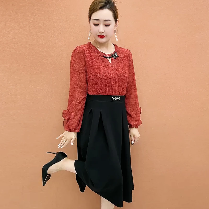 秋季新款拼接连衣裙妈妈装百搭显瘦长袖收腰裙子洋气减龄中长裙子