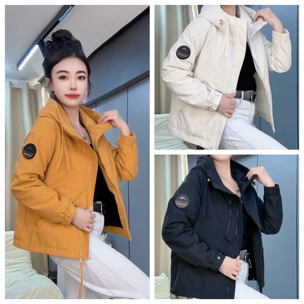 136款袖标双拉链二棉短款连帽长袖女款时尚外套休闲棉衣秋冬女士