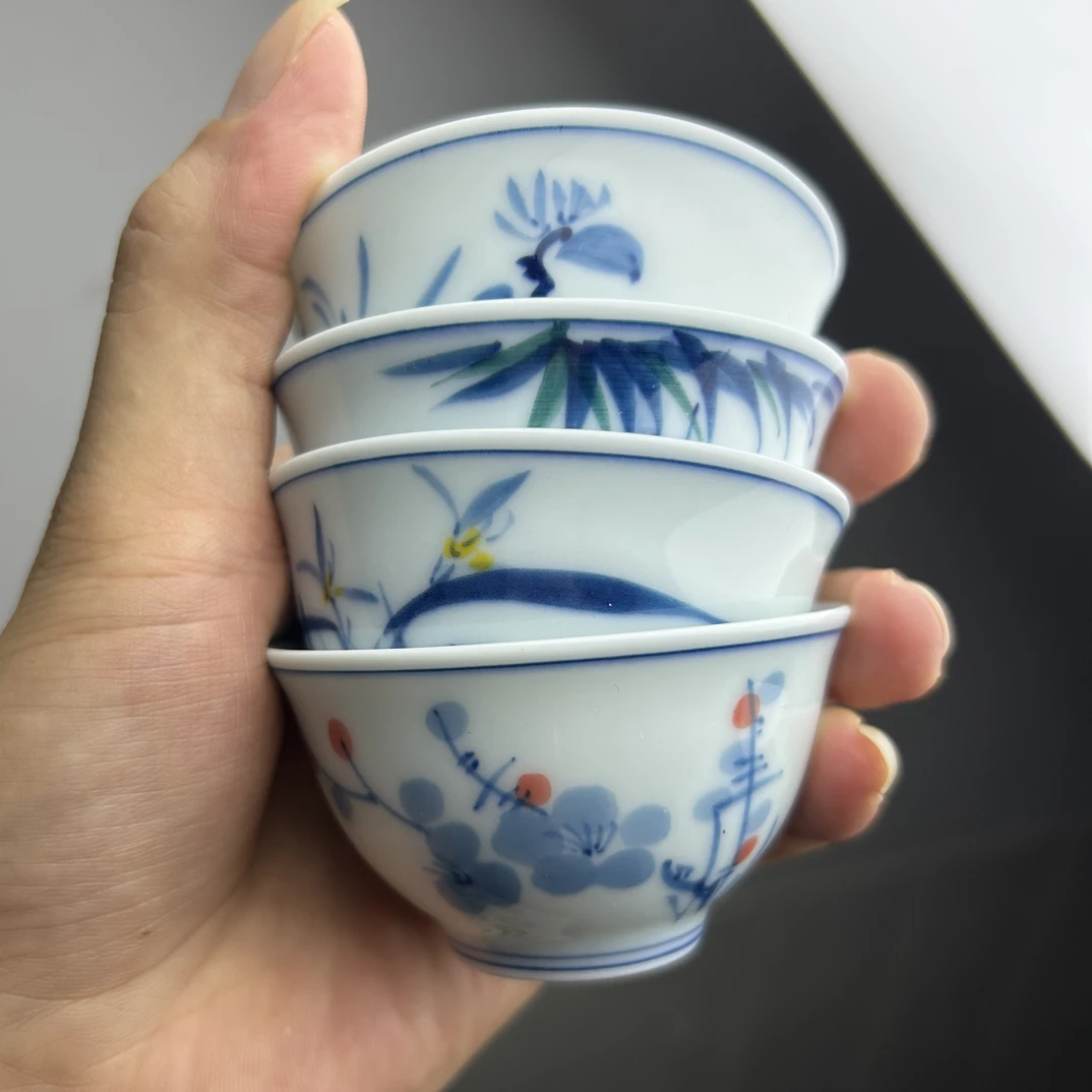景德镇梅兰竹菊落生杯手绘套装4只