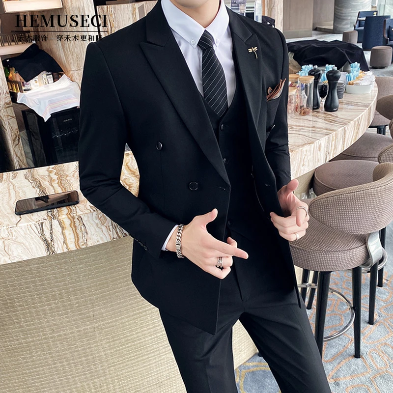 高档结婚礼服潮流韩版西服套装双排扣西装三件套男修身灰色西服