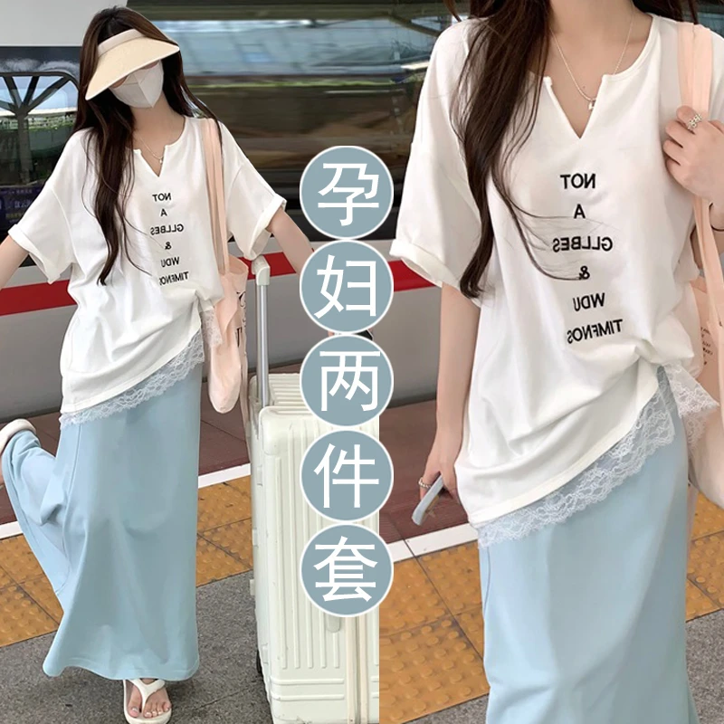 夏季新款孕妇套装时尚洋气减龄字母蕾丝边短袖T恤高腰显瘦半身裙