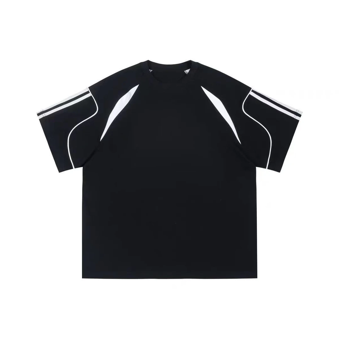 特大码300斤美式潮牌撞色条纹织带短袖T恤男夏季拼接运动宽松上衣