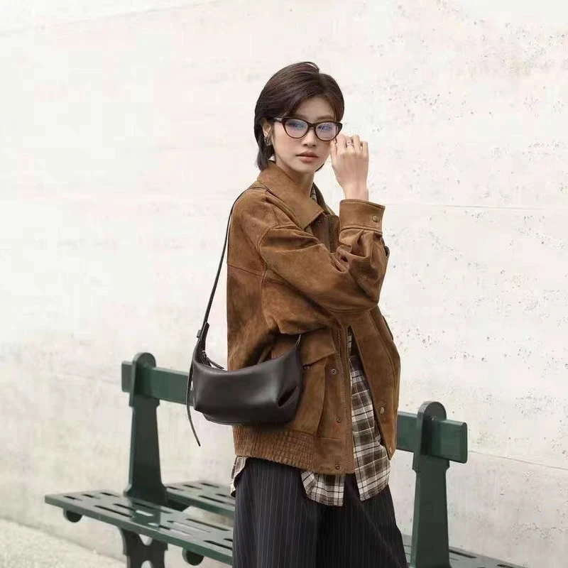 真皮斜挎饺子包2025新款百豆慵懒软皮女包韩系休闲单肩质感腋下包