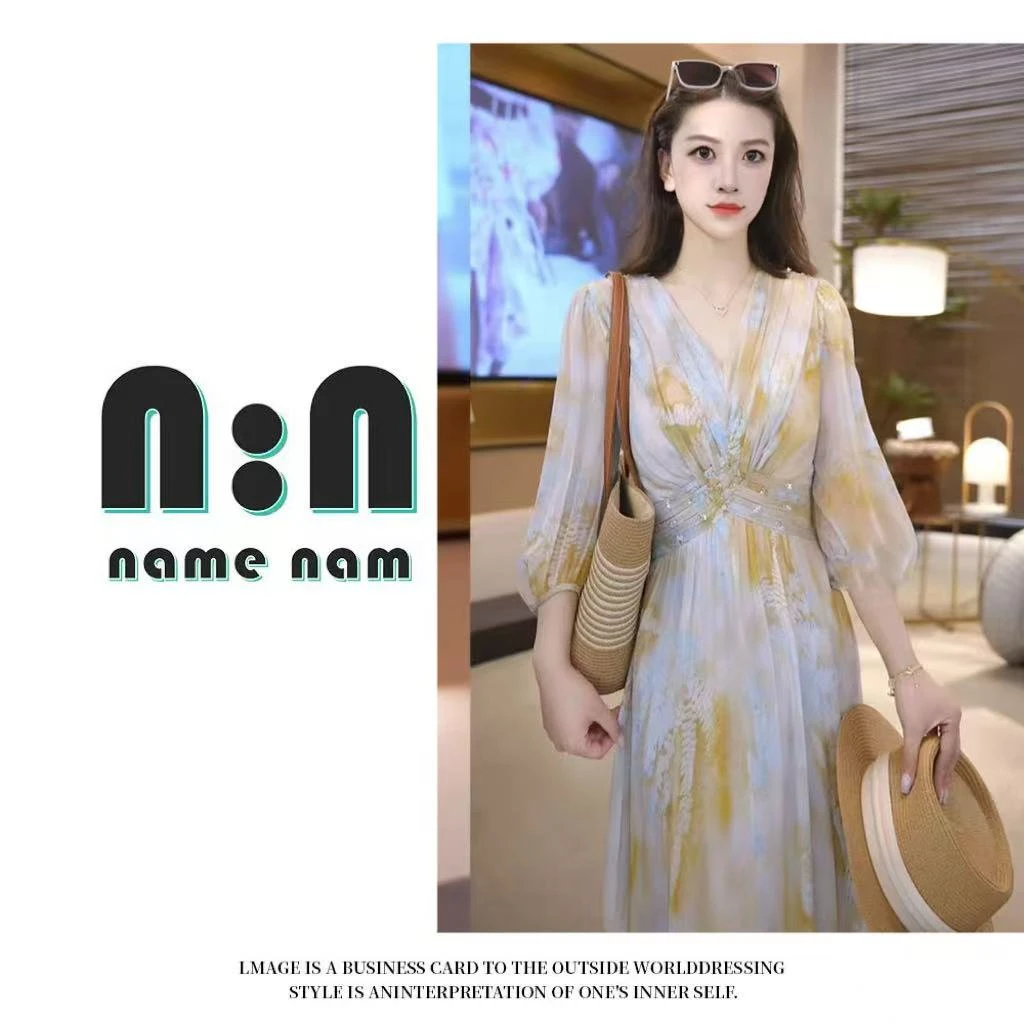 蚕丝绉夏季新款气质扎染印花连衣裙V领时尚收腰显瘦轻奢长裙A532