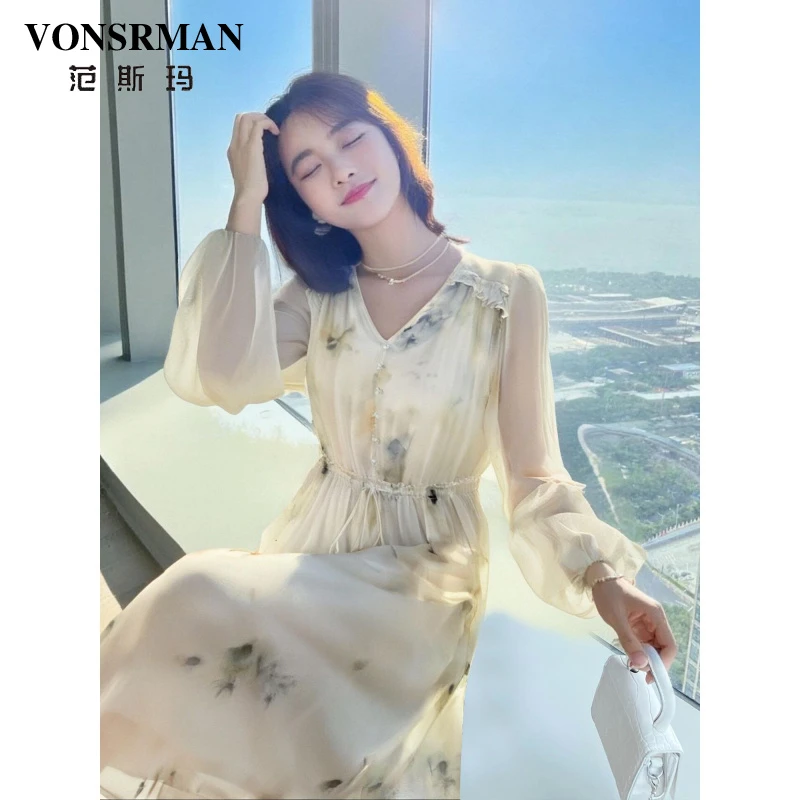 v领连衣裙收腰显瘦女气质长裙早秋女装2025新款女士裙子秋季穿搭