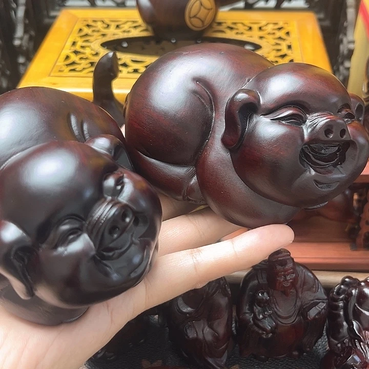 木紫檀红木雕刻一对福猪摆件
