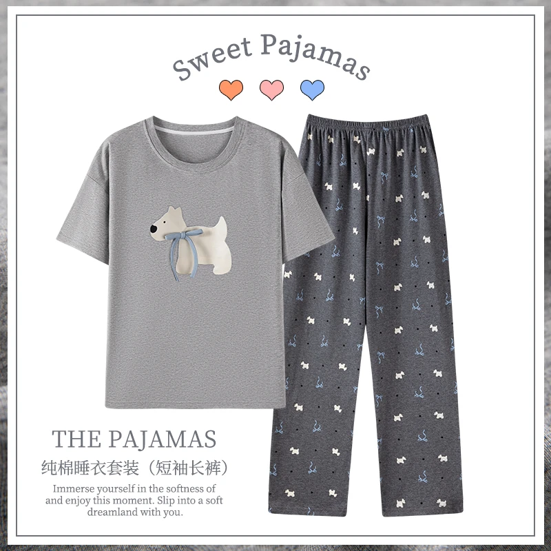 卡之恋夏季女灰色小狗纯棉短袖长裤套装减龄家居服