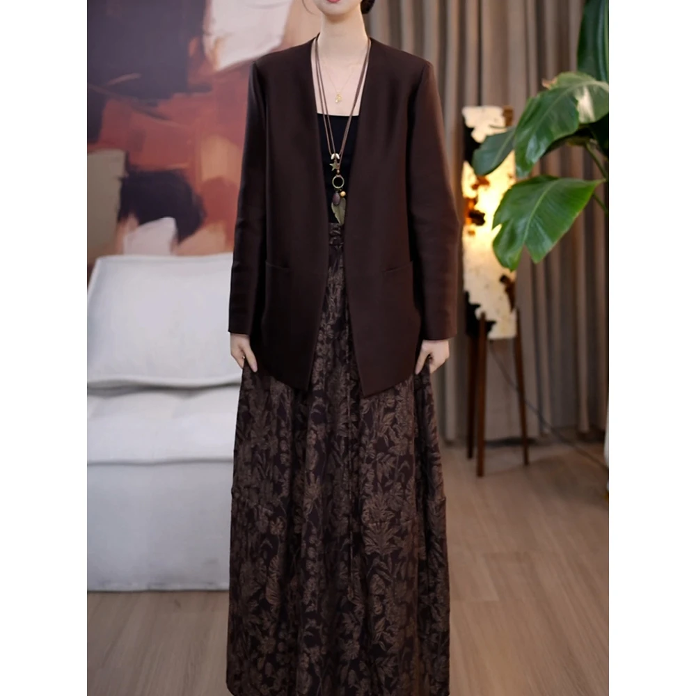 高级感轻奢裙套装2025秋季新款端庄优雅纯色开衫外套+印花半身裙