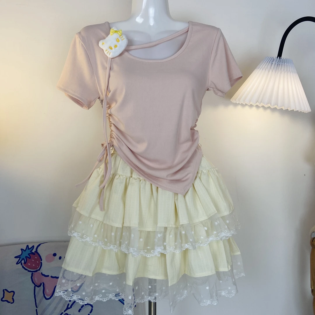 HelloKitty套装女圆领不规则短袖上衣蛋糕蕾丝短裙两件套夏季新款